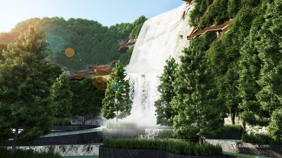 Scenic Park Landscape With Cascading Waterfall Lush Green Trees And Natural Greenery 3d model 