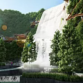 Scenic Park Landscape With Cascading Waterfall Lush Green Trees And Natural Greenery