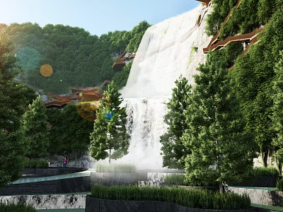Scenic Park Landscape With Cascading Waterfall Lush Green Trees And Natural Greenery 3d model