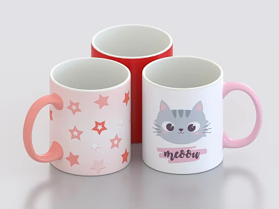 White Mugs With Red Pink Handles Stars Cartoon Cat And Modern Design 3d model