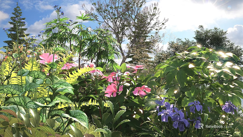 Vibrant Pink Purple Flowers and Green Plants Blooming in Garden with Sunlight and Blue Sky 3d model 