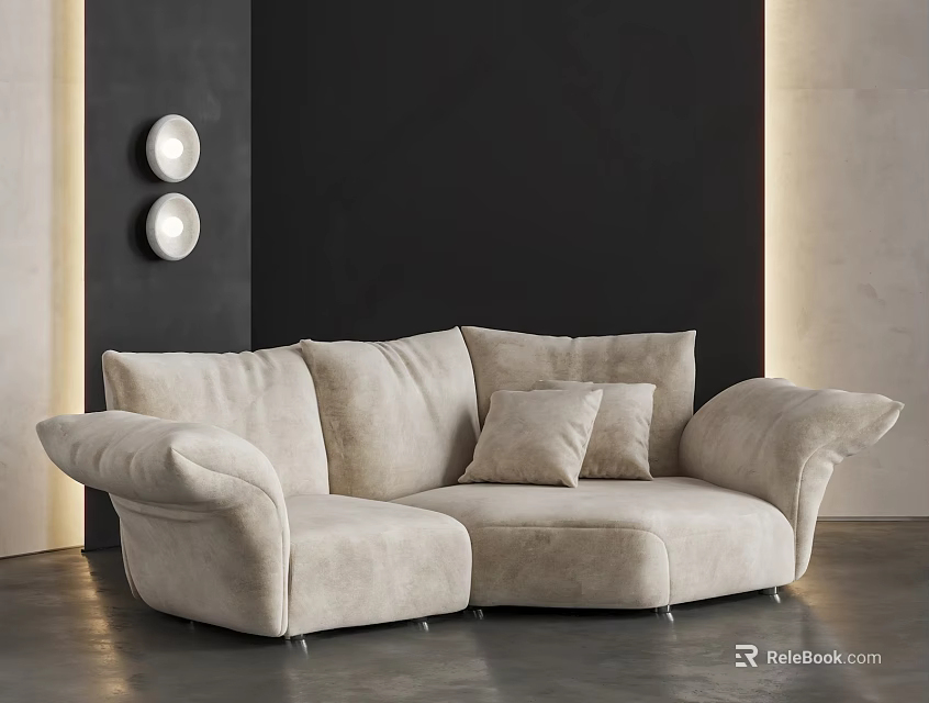 Beige Curved Sofa In Modern Minimalist Interior With Black Wall And Wall Lamps 3d model 