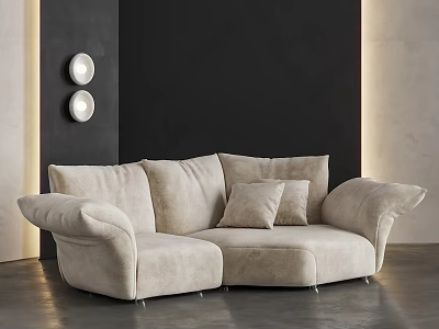 Beige Curved Sofa In Modern Minimalist Interior With Black Wall And Wall Lamps 3d model