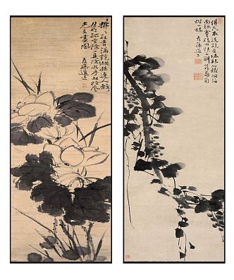 Chinese Plant Painting Traditional Zen Ink Flower Pattern Hanging Painting Combination 3d model