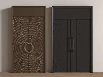 Brown and Black Double Doors with Radial Circular Pattern and Vertical Stripe Design 3d model