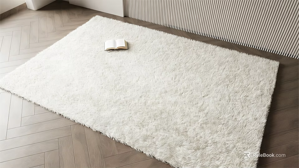 White Square Shaggy Rug on Herringbone Wooden Floor with Open Book and Vertical Striped Wall 3d model 