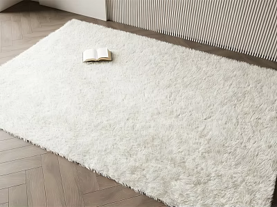 White Square Shaggy Rug on Herringbone Wooden Floor with Open Book and Vertical Striped Wall 3d model