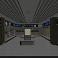 Modern Exhibition Hall Interior With Striped Ceiling Shelves And Display Counter