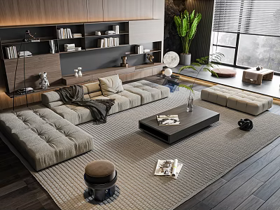 Modern Living Room Sofa and Coffee Table Set With Beige Upholstery Wooden Shelves Green Plants 3d model