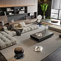 Modern Living Room Sofa and Coffee Table Set With Beige Upholstery Wooden Shelves Green Plants
