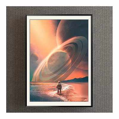 Figure Painting Of A Person Standing By Waterfront With Planets Rings And Orange Red Sky 3d model