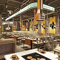 Industrial Modern Restaurant Interior With Yellow Walls Metal Tables Chairs Hanging Lamps And Black Accents
