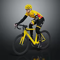 Professional Cyclist In Yellow Jersey And Helmet Riding Yellow Bicycle On Gray Background
