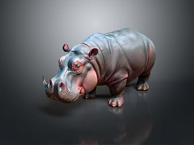 Detailed Realistic 3D Hippo Model Standing on Dark Background with Reflection 3d model