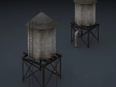 Industrial Water Towers With Metal Support Structures And Weathered Exterior Design 3d model