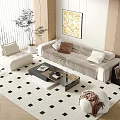 Modern Beige Sofa and Coffee Table Set with Pillows Rug Plants and Wall Art 3d model
