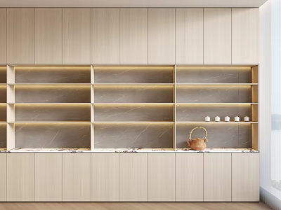 Modern Wooden Sideboard With Open Shelves LED Lighting And Marble Countertop 3d model