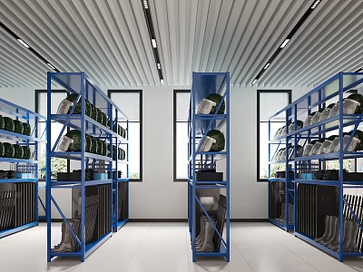 Bright Modern Storage Facility With Blue Racks Shelving Goods Near Windows And White Walls 3d model