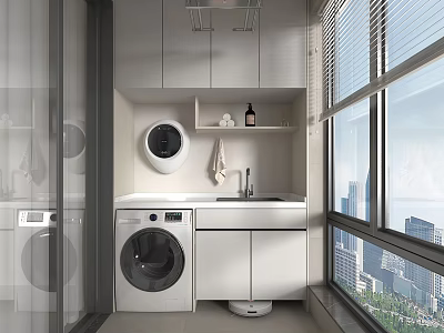 Modern Laundry Room With Front Load Washing Machine Sink Cabinet And City View Window 3d model
