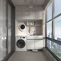 Modern Laundry Room With Front Load Washing Machine Sink Cabinet And City View Window