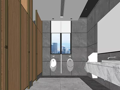 Modern Public Restroom Interior With Wooden Stalls White Urinals And Marble Sink Counter 3d model