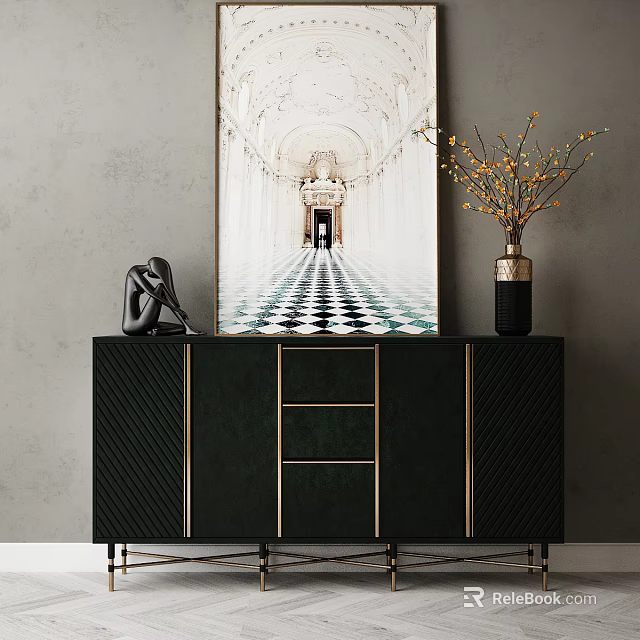 Elegant Dark Green Console Table with Gold Accents Black Sculpture Painting and Branch Vase 3d model 