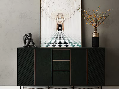 Elegant Dark Green Console Table with Gold Accents Black Sculpture Painting and Branch Vase 3d model