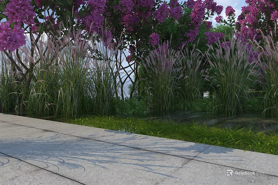 Garden Landscape Design Featuring Purple Flowers Ornamental Grasses Stone Pathway And Water Feature 3d model 