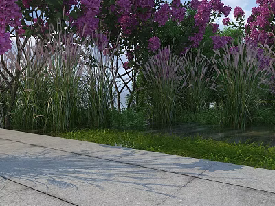 Garden Landscape Design Featuring Purple Flowers Ornamental Grasses Stone Pathway And Water Feature 3d model