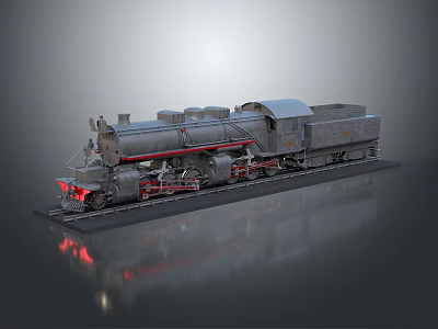 Vintage Steam Train Model With Metal Texture And Red Accents On Display Base 3d model