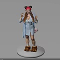 Woman Posing on White Platform with Red Headband Blue Outfit Pink Bag Brown Fuzzy Slippers