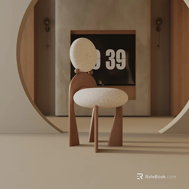 Modern Leisure Chair With Curved Wooden Frame And White Textured Cushion In Living Room 3d model 