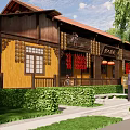 Traditional Chinese Style Boutique Guesthouse Building with Red Tile Roof and Wooden Structure in Courtyard