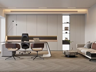 Modern Office Interior With Desk Office Chairs Sofa Bookshelf And Carpet 3d model
