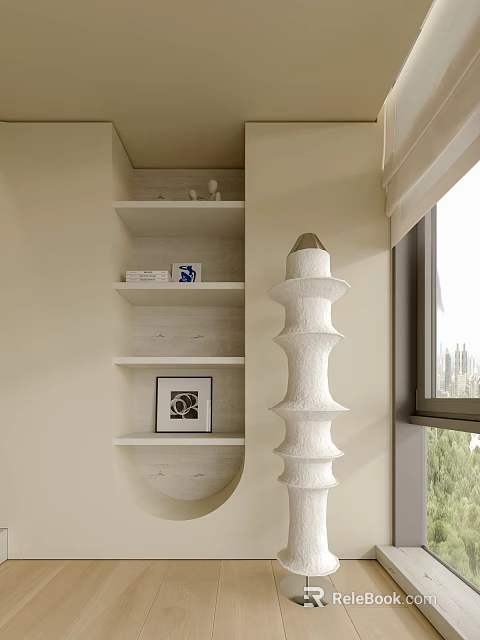 Unique White Floor Lamp In Light Toned Room With Shelves And Window 3d model 