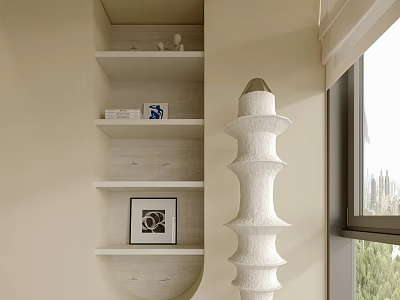 Unique White Floor Lamp In Light Toned Room With Shelves And Window 3d model