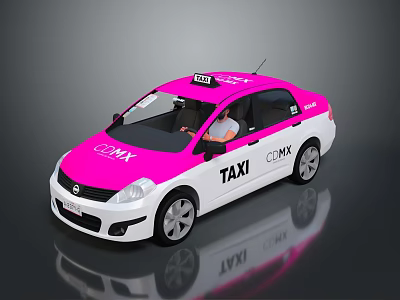 Pink And White CMAX Taxi With Driver In Front Seat On Gray Background 3d model