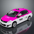 Pink And White CMAX Taxi With Driver In Front Seat On Gray Background