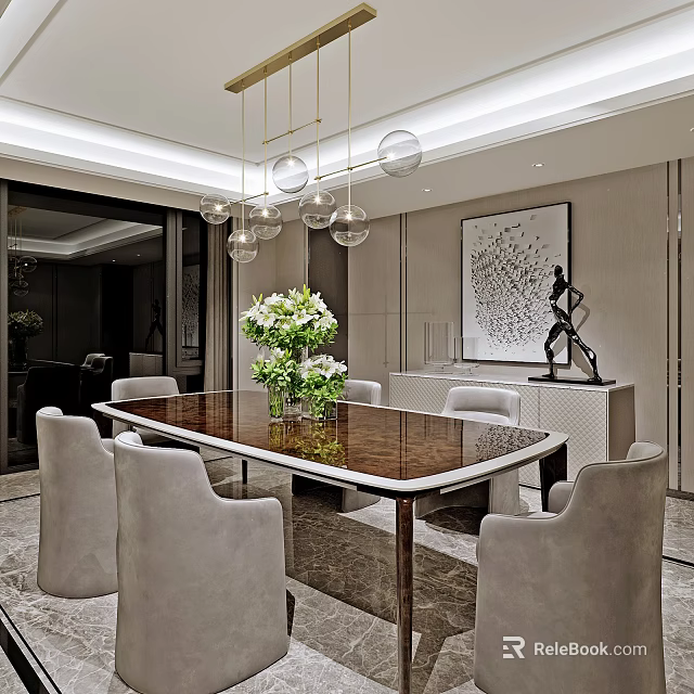 Elegant Modern Dining Table Set with Light Grey Chairs Glass Pendant Lights and Decorative Painting 3d model 