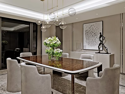 Elegant Modern Dining Table Set with Light Grey Chairs Glass Pendant Lights and Decorative Painting 3d model