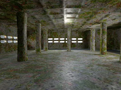 Dimly Lit Dilapidated Parking Garage With Moss Covered Pillars Barred Windows And Patched Ceiling 3d model