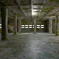 Dimly Lit Dilapidated Parking Garage With Moss Covered Pillars Barred Windows And Patched Ceiling