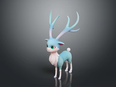 Cute Cartoon Blue Deer With Large Antlers Green Eyes White Belly Tail And Dark Background 3d model