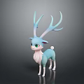 Cute Cartoon Blue Deer With Large Antlers Green Eyes White Belly Tail And Dark Background