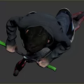 Boy Riding Scooter in Dark Hoodie and Jeans with Green Handlebars Red Wheels Gray Background