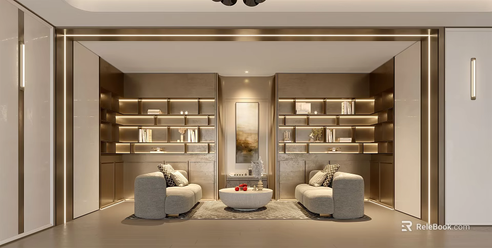 Modern Office Interior Design With Light Colored Sofas Round Coffee Table And Lit Bookshelves 3d model