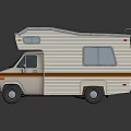 Vintage Beige Camper Van With Blue Roof And Orange Stripes Design