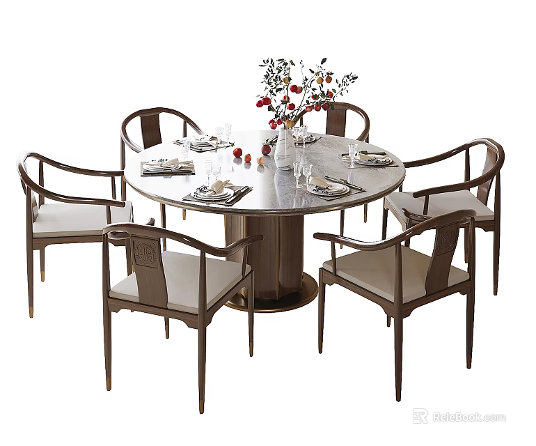 Modern Round Dining Table Set With Six Chairs Tableware Vase And Flowers 3d model