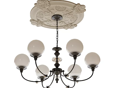 Classic Chandelier With Spherical White Shades And Black Metal Frame Ceiling Medallion 3d model