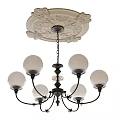 Classic Chandelier With Spherical White Shades And Black Metal Frame Ceiling Medallion